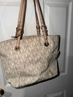 Michael Kors Light Beige Signature MK Tote with Pale Pink Straps